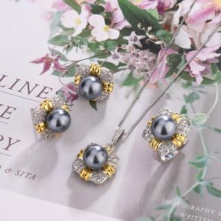 【Jpqueen】典雅灰色珍珠女款可調整戒指針式耳環項鍊(3款可選)