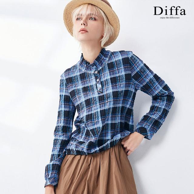 【Diffa】藍格織紋荷葉領開襟上衣-女