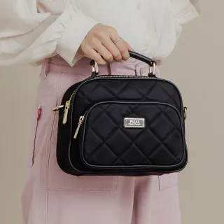 【FOCUS】菱格輕量防潑水真皮包包 拼接尼龍包/手提/斜背/保齡球包(防水包 FKE7660-夜幕黑)