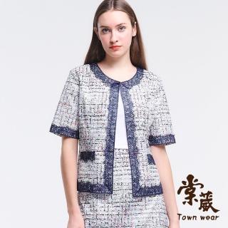 【TOWN’WEAR 棠葳】輕薄毛呢蕾絲拼接小外套(中大尺碼/女上衣/女上著/套裝/宴會/晚會/口袋/輕薄)