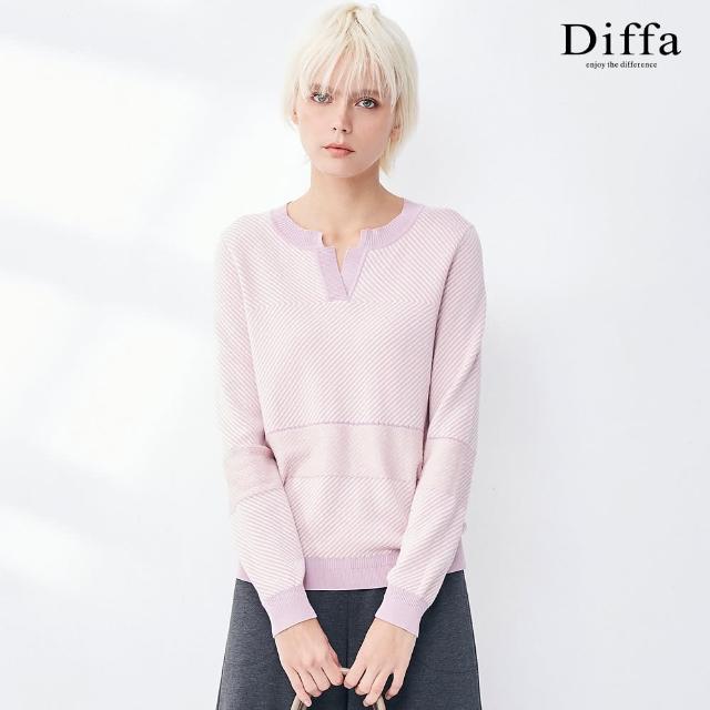 【Diffa】撞色條紋領開衩設計針織衫-女