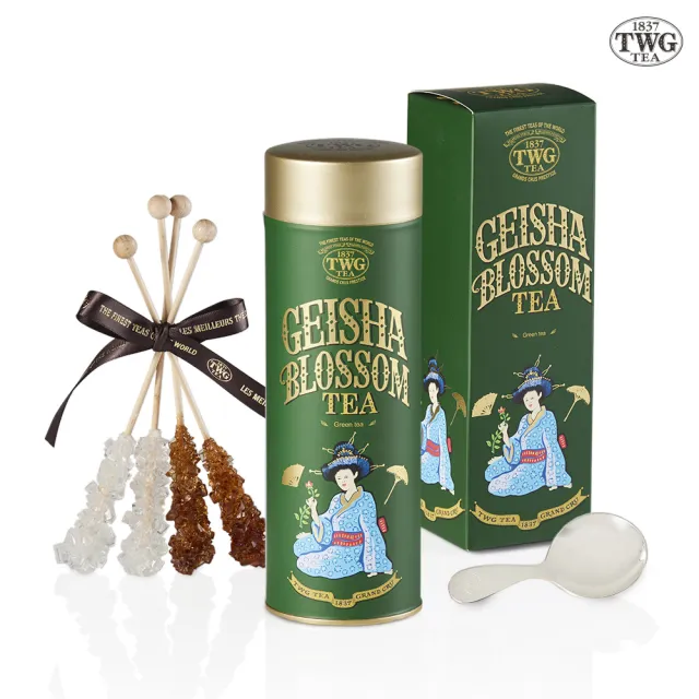 【TWG Tea】頂級訂製茗茶禮物組(綠茶任選 100g;130g/罐+計量銀匙+茶糖棒)