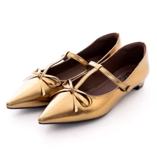 【bac】尖頭金屬皮革T字蝴蝶結瑪莉珍鞋(古銅色)