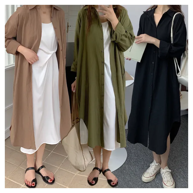 【ASister 小姊姊】*出清品*現貨在庫★長版襯衫☆*長袖襯衫領純色*3穿式襯衫/罩衫/洋裝(#AS0525)