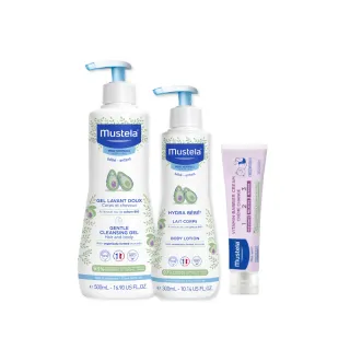 【Mustela 慕之恬廊】慕之幼 新手爸媽必備SOP組(雙潔乳500ml+爽身潤膚乳300ml+屁屁膏100ml)