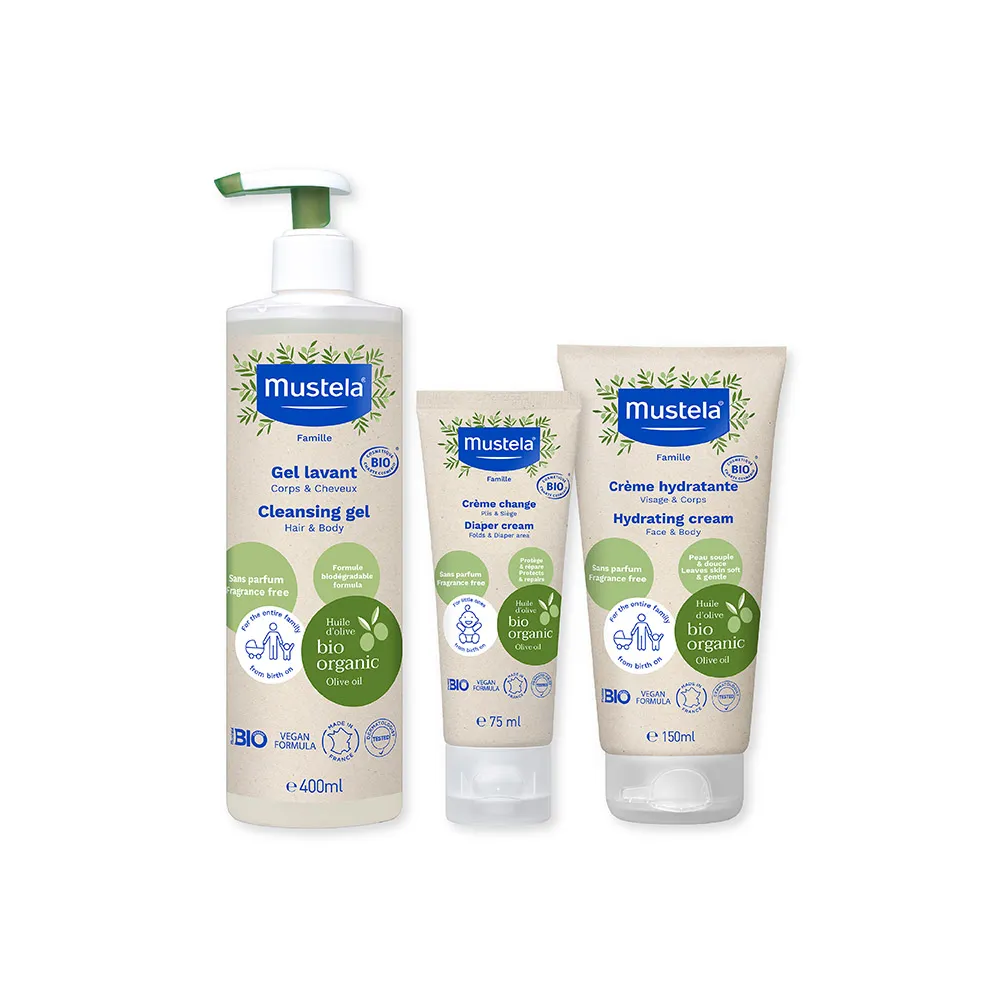 【Mustela 慕之恬廊】有機洗潤護膚組(雙潔露400ml+潤膚乳150ml+護膚膏75ml 無香 歐盟ECOCERT+法國BIO認證)