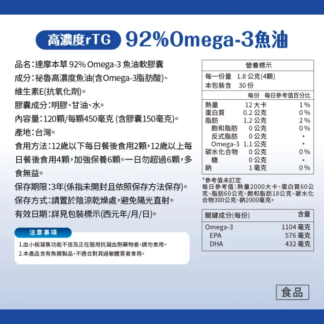 【達摩本草】92% Omega-3 rTG高濃度魚油EX 6入組(1入120顆）（共720顆)