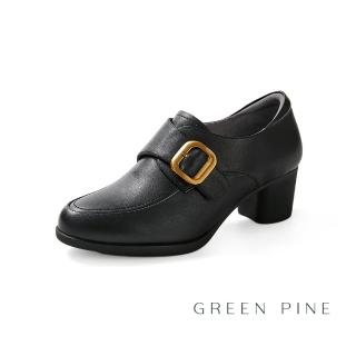 【GREEN PINE】英倫全真皮魔鬼氈粗跟鞋黑色(00314633)