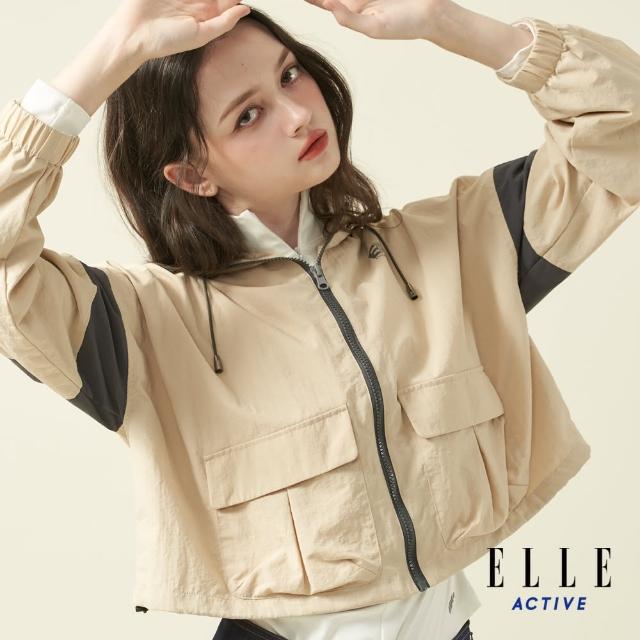 【ELLE ACTIVE】女款 配色剪接落肩短版連帽外套-卡其色(EA24A2W6101#82)