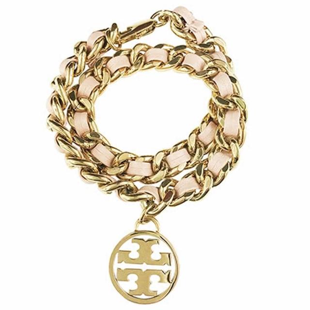 【TORY BURCH】粉X金TB logo鍊條牛皮手環