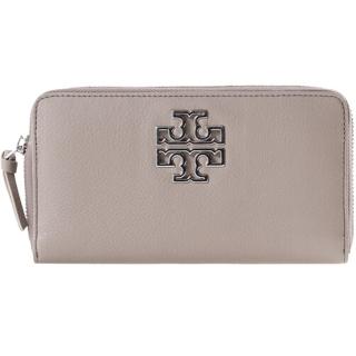 【TORY BURCH】Britten DUO法國灰皮革簍空LOGO拉鍊式長夾