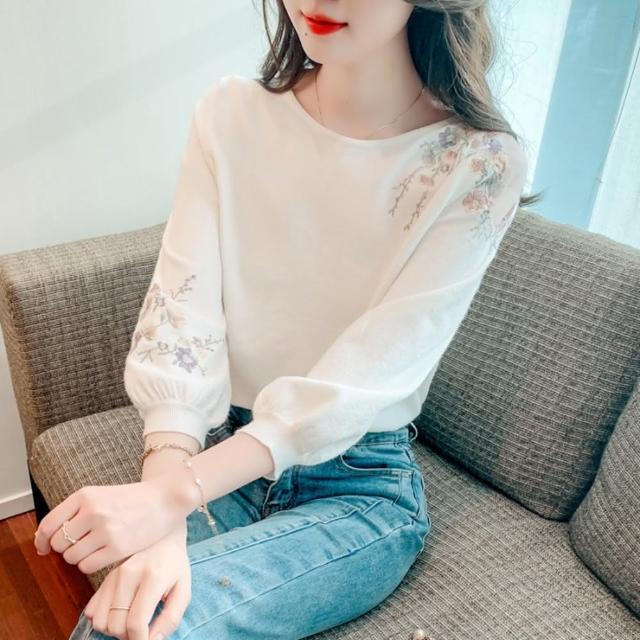 【巴黎精品】現貨+預購 針織衫七分袖毛衣(花朵刺繡圓領清新女上衣a1hw27)