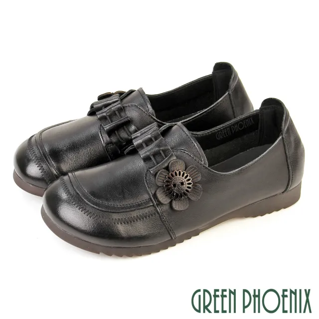 【GREEN PHOENIX 波兒德】女鞋 休閒鞋 便鞋 娃娃鞋 媽媽鞋 平底鞋 全真皮 柔軟(棕色、黑色)