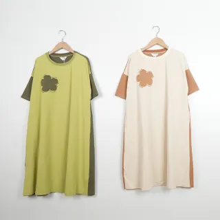 【Dailo】大花花撞色拼接傘擺休閒短袖洋裝(綠 米)