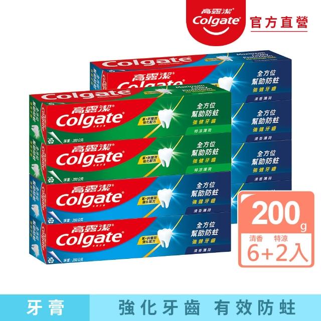 【Colgate 高露潔】清香特涼薄荷牙膏200gX8入(全齒防護/口氣清新)