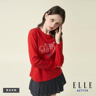 【ELLE ACTIVE】男女同款 印花塗鴉百搭長袖T恤-紅色(EA24A2F1702#75)