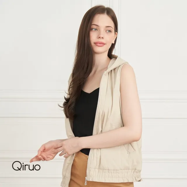 【Qiruo 奇若名品】秋冬專品米色連帽背心8171D 素色保暖 