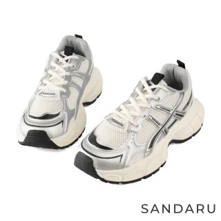 【SANDARU 山打努】老爹鞋 拼接透氣網綁帶厚底休閒鞋(銀)