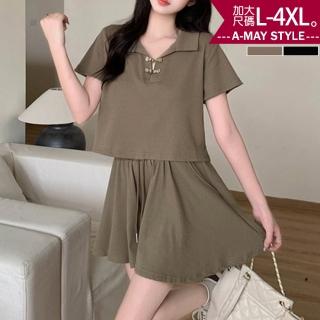 【Amay Style 艾美時尚】新品 中大尺碼女裝 褲裙 兩件式日韓休閒顯瘦短袖短褲套裝。L-4XL(2色.預購)