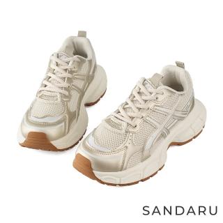 【SANDARU 山打努】老爹鞋 拼接透氣網綁帶厚底休閒鞋(香檳)