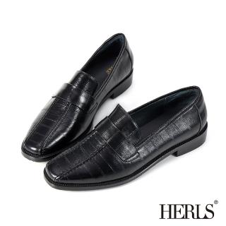 【HERLS】樂福鞋-全真皮立體抓褶車線壓紋方頭樂福鞋(黑色)