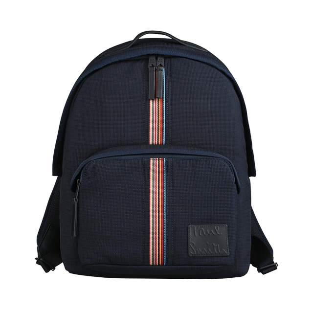 Paul Smith Paul Smith 經典皮標草寫LOGO彩色線條聚醯胺紋理網布牛皮邊飾拉鍊後背(深藍)