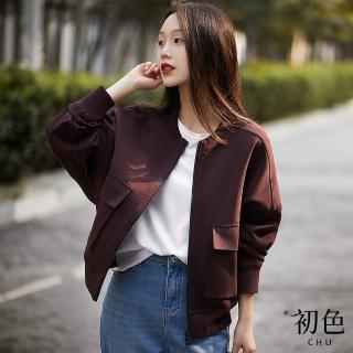 【初色】簡約純色短款寬鬆圓領長袖工裝感拉鍊棒球外套女外套-共2色-37591(M-XL可選)
