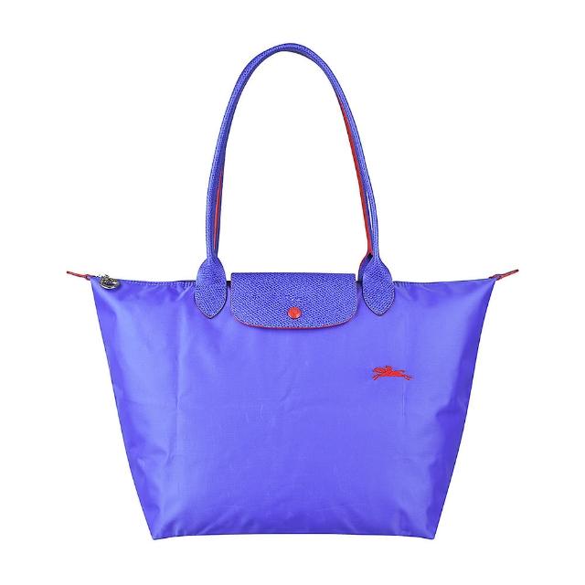 【LONGCHAMP】LONGCHAMP刺繡橘色馬LOGO尼龍拉鍊手提/肩背包(大/藍)