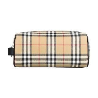 【BURBERRY 巴寶莉】BURBERRY內燙銀LOGO格紋印花PVC拉鍊手拿收納化妝包(典藏米)