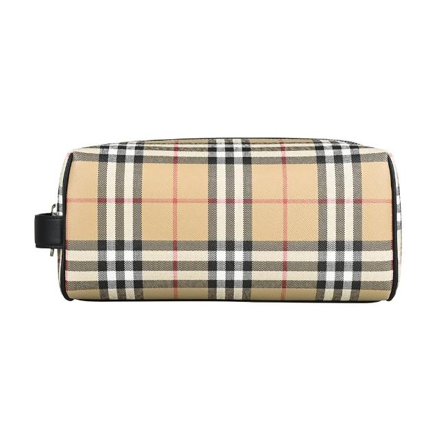 【BURBERRY 巴寶莉】BURBERRY內燙銀LOGO格紋印花PVC拉鍊手拿收納化妝包(典藏米)