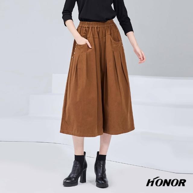 【HONOR 山形屋】休閒純棉口袋排釦鬆緊腰寬褲-棕