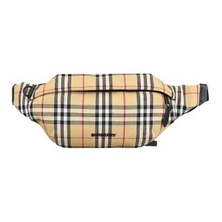【BURBERRY 巴寶莉】BURBERRY SONNY立體黑字LOGO復古格紋尼龍拉練胸腰包(典藏米)