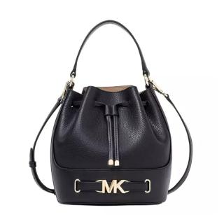 【Michael Kors】Reed系列簡約黑MK logo皮革手提斜肩背兩用水桶包(35S3G6RM8T-BLACK)