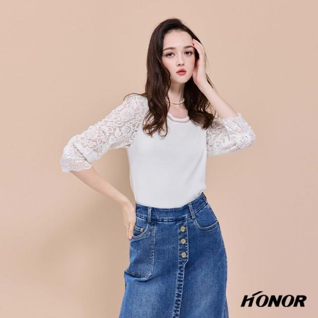 【HONOR 山形屋】雕花簍空七分袖圓領上衣-白/黑