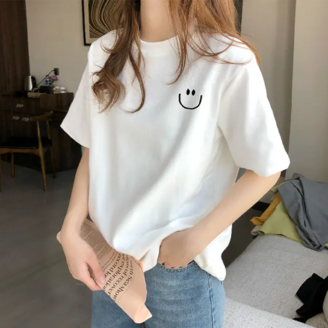 【MoonDy】圓領上衣 純棉短袖 寬版T恤 笑臉上衣 打底衫 美式上衣 上衣 女生上衣 寬版 t恤