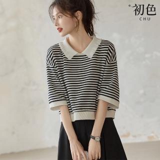 【初色】學院風撞色條紋休閒百搭翻領七分袖襯衫上衣女上衣-黑白條紋-37629(M-2XL可選)
