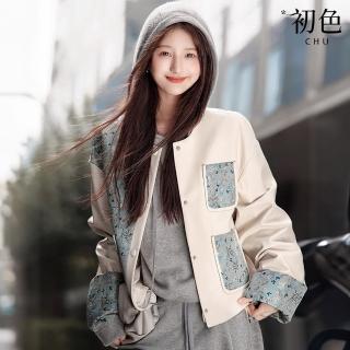 【初色】中式國風撞色拼接單排釦按釦大口袋圓領長袖皮衣外套女外套-米白色-37593(M-XL可選)
