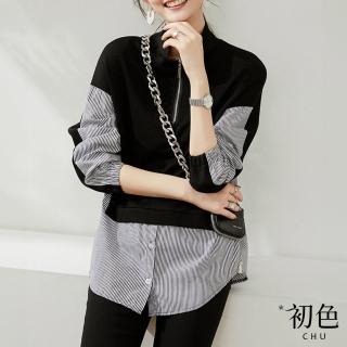 【初色】半高領拉鍊假兩件拼接條紋長袖上衣女上衣-黑色-31748(M-2XL可選)