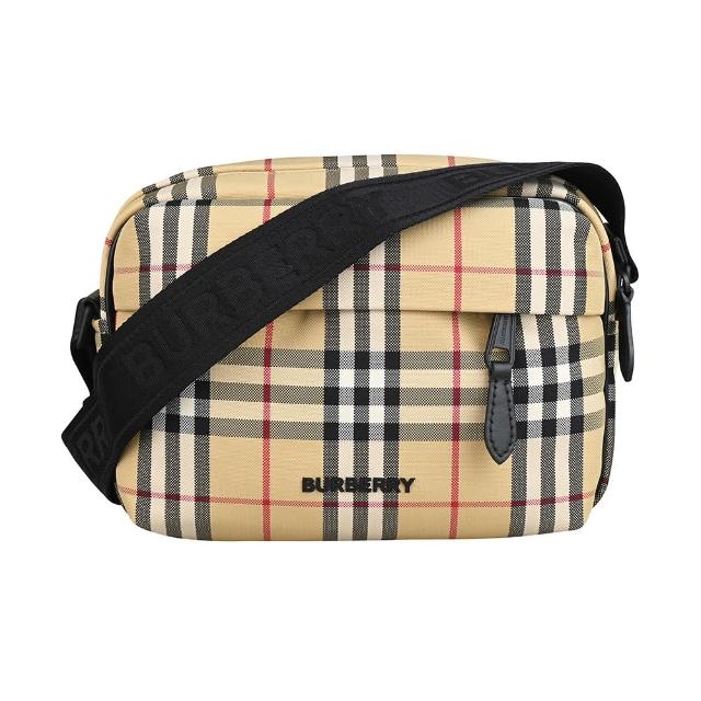 【BURBERRY 巴寶莉】BURBERRY Paddy黑字字母LOGO英倫風格紋尼龍拉鍊斜背包(男款/典藏米)