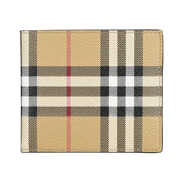 【BURBERRY 巴寶莉】BURBERRY復古格紋PVC搭配內小牛皮 8卡對折短夾(典藏米x黑)