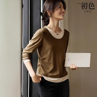 【初色】撞色拼接修身顯瘦假兩件圓領長袖T恤上衣女上衣-共2色-37566(M-2XL可選)