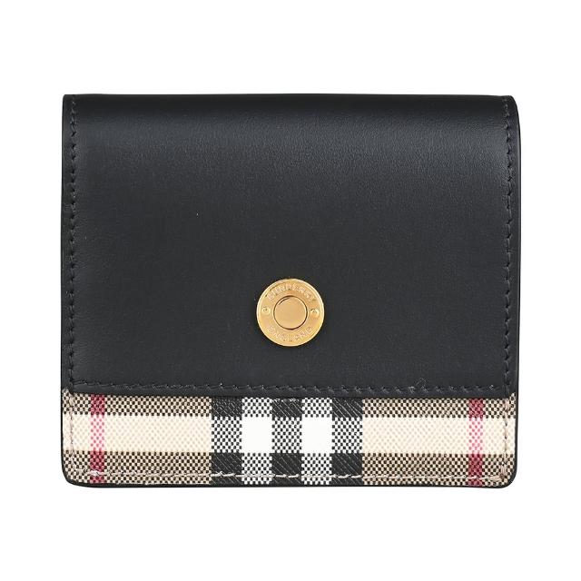 【BURBERRY 巴寶莉】BURBERRY金屬字母釦LOGO復古PVC拼小牛皮 4卡壓扣式短夾(典藏米x黑)