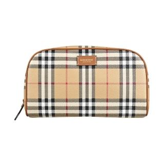 【BURBERRY 巴寶莉】BURBERRY燙金皮標LOGO復古格紋PVC拉鍊旅行收納化妝包(典藏米/粉色咖啡壺)