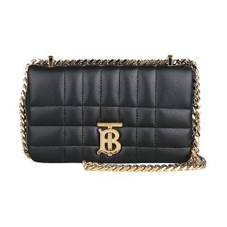 【BURBERRY 巴寶莉】BURBERRY LOLA金屬TB LOGO絎縫設計小羊皮吸釦式翻蓋鏈帶肩背斜揹包(迷你/黑)
