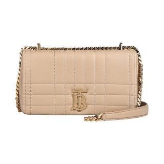 【BURBERRY 巴寶莉】BURBERRY LOLA金屬TB LOGO絎縫設計小羊皮吸釦式翻蓋鏈帶斜揹包(小/奶茶)
