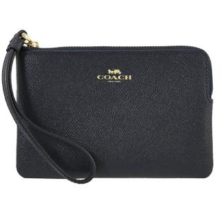 【COACH】馬車烙印LOGO防刮皮革零錢包手提包手拿包(深藍)