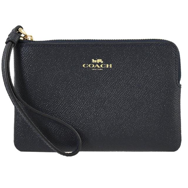 【COACH】馬車烙印LOGO防刮皮革零錢包手提包手拿包(深藍)