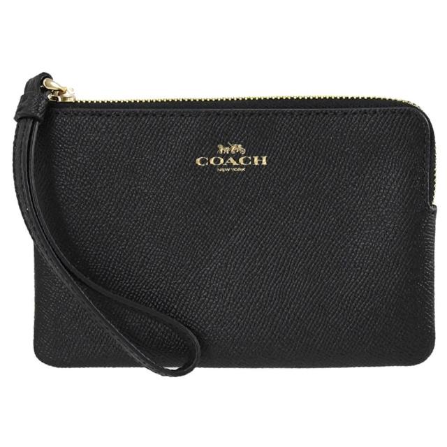 【COACH】馬車烙印LOGO防刮皮革零錢包手提包手拿包(黑)