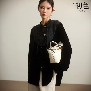 【初色】中式純色盤釦絲絨緹花圓領長袖落肩袖上衣女上衣-黑色-37625(M-XL可選)