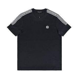 【Michael Kors】MK MICHAEL KORS圓標LOGO純棉雙肩字母條紋短袖T恤(男款/黑x白條紋)